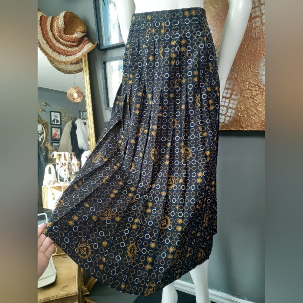 Vintage Pleated Nautical Print Midi Skirt